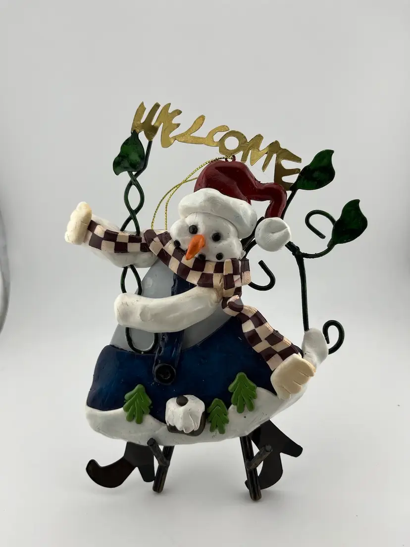 Metal Snowman with Clay Accents.  "Welcome" on top