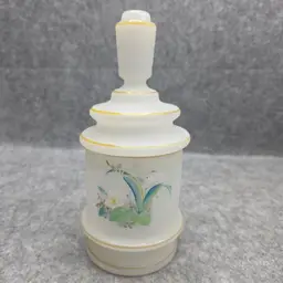 Bristol Opaline Glass Lidded Jar Hand Painted Floral 7-3/4 Inch Apothecary Vanity