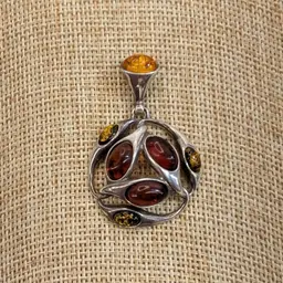 3 Tone Amber Pendant Sterling Silver 925 Interlocking Swirl Circle Slide Bail