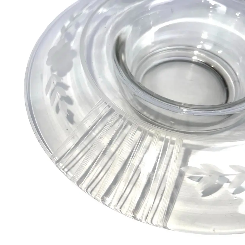 Glass Console Dish Vintage Deco Engraved Rolled Edge Centerpiece Flower Candy Nut Condiment Shrimp Cocktail Appetizer