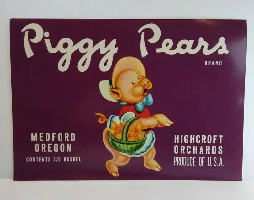 Piggy Pears Humanized Dressed Pig Fruit Crate Label Vintage Original 1940's