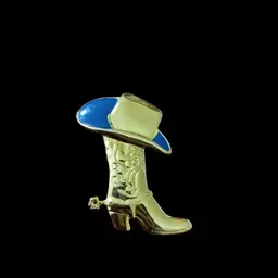 Vintage Cowboy Boot Blue Hat Brooch Gold Tone Western Rancher