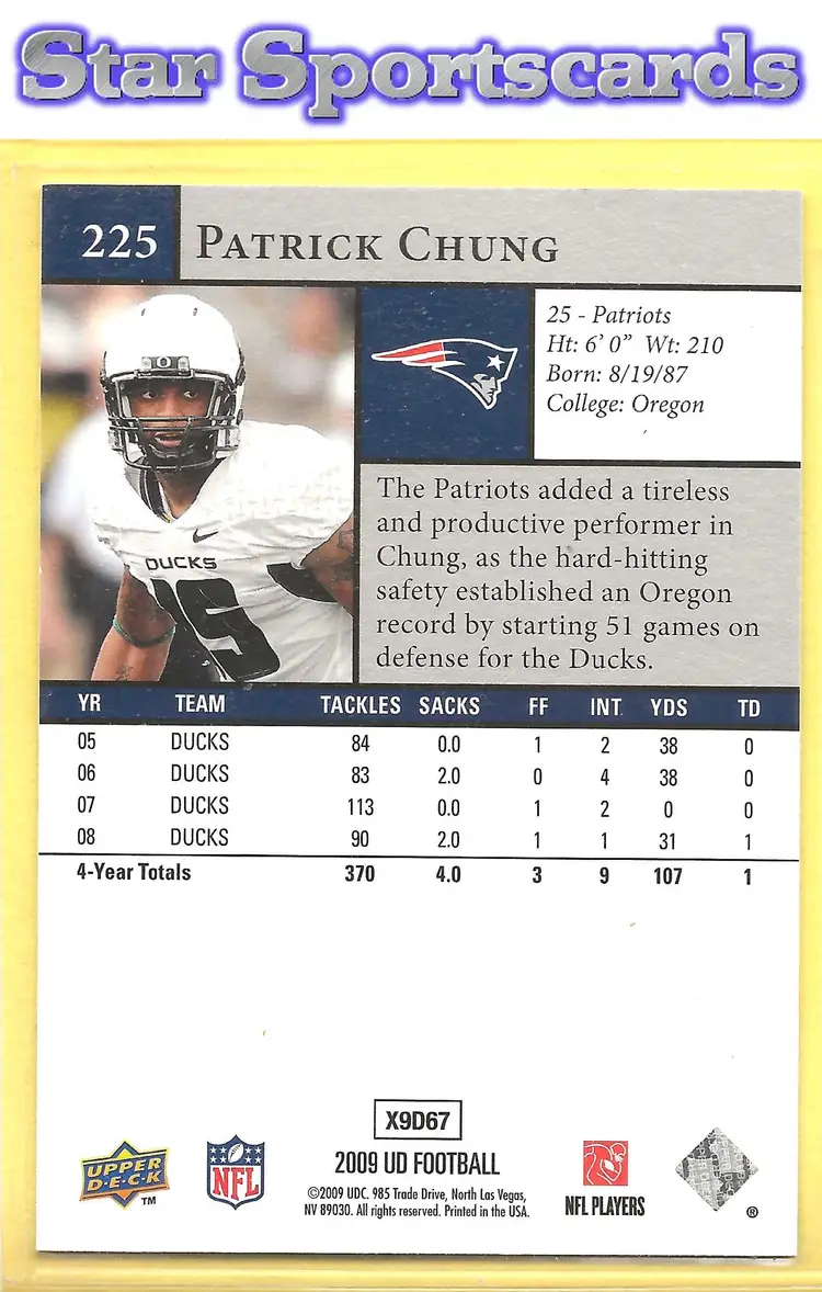 2009 Upper Deck #225 Patrick Chung RC New England Patriots Rookie