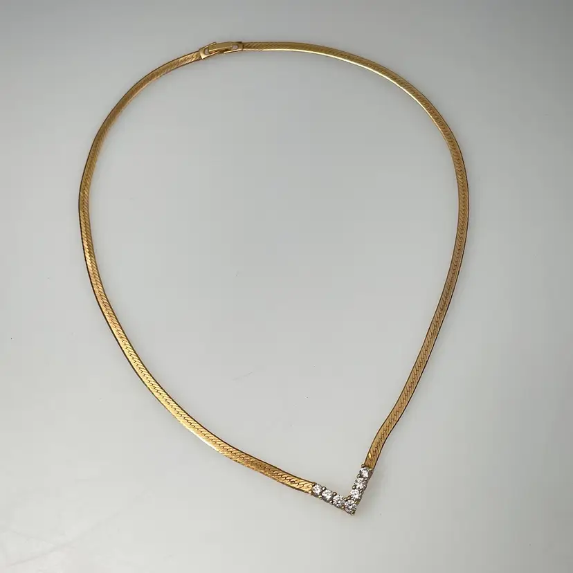Majesty Collection Gold Plate GP Herringbone Chain Necklace w Cubic Zirconia 1980s Vintage 18"