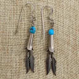 Southwestern Dangle Earrings Sterling Silver Turquoise Squash Blossom Feathers