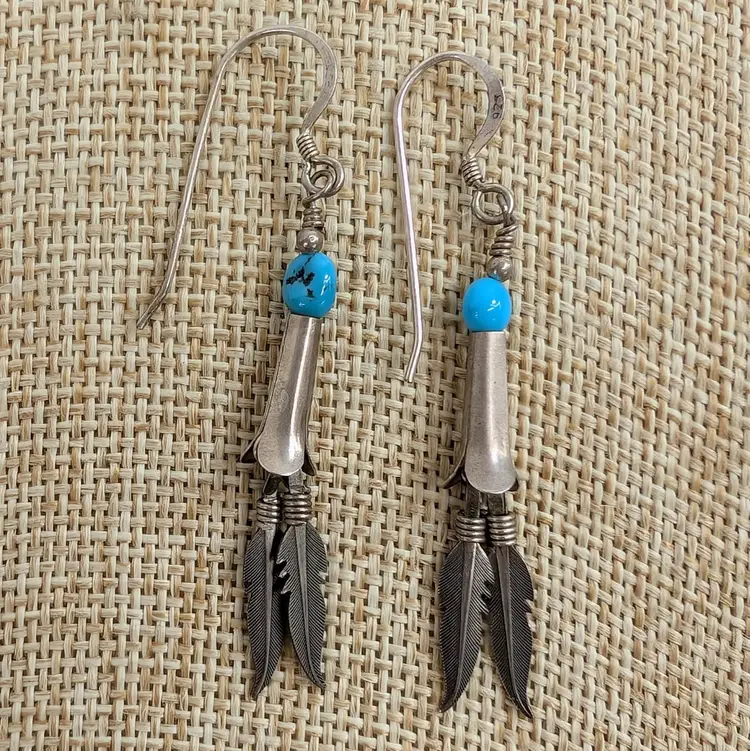 Southwestern Dangle Earrings Sterling Silver Turquoise Squash Blossom Feathers