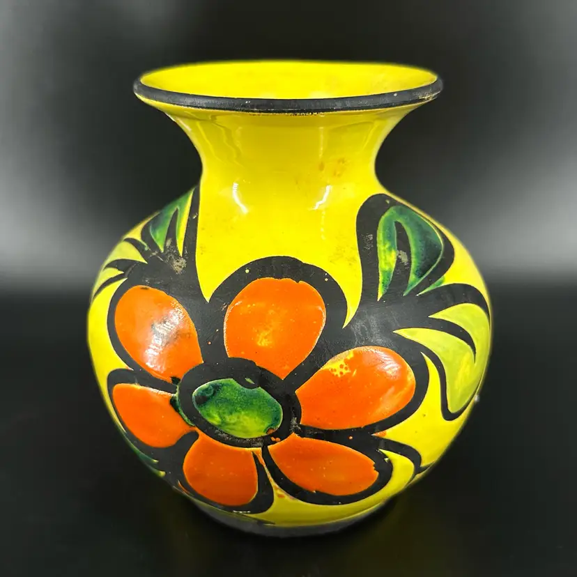 Yellow Floral Bulbous Orange Flower Pottery Vase Italy