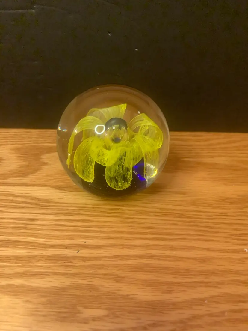 Yellow Flower Paperweight W/Dark Blue Base