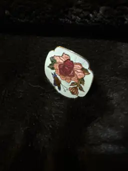 Vintage Cloisonné Scarf Clip White w Butterfly Flowers