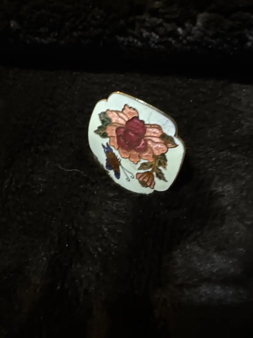 Vintage Cloisonné Scarf Clip White w Butterfly Flowers