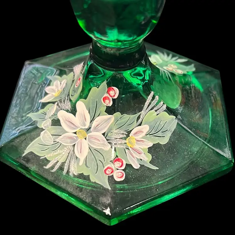 Christmas Vintage Fenton Stamped Emerald Green 3” Hand Painted And Signed Christmas Flowers Matching Candle Sticks Set Of 2