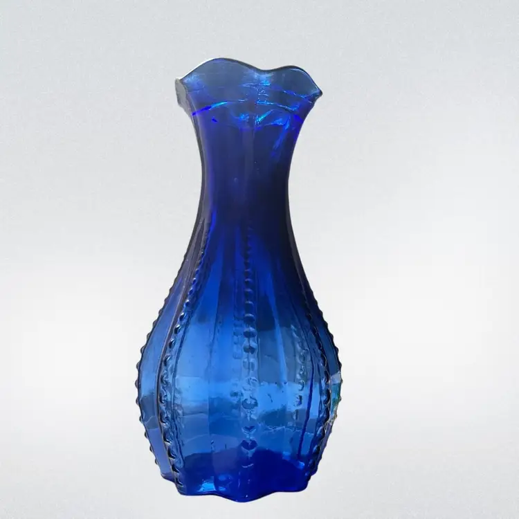 Indiana Glass-  Cobalt Blue - Beaded Panel Vintage Vase – Ruffled Rim – 7” – USA