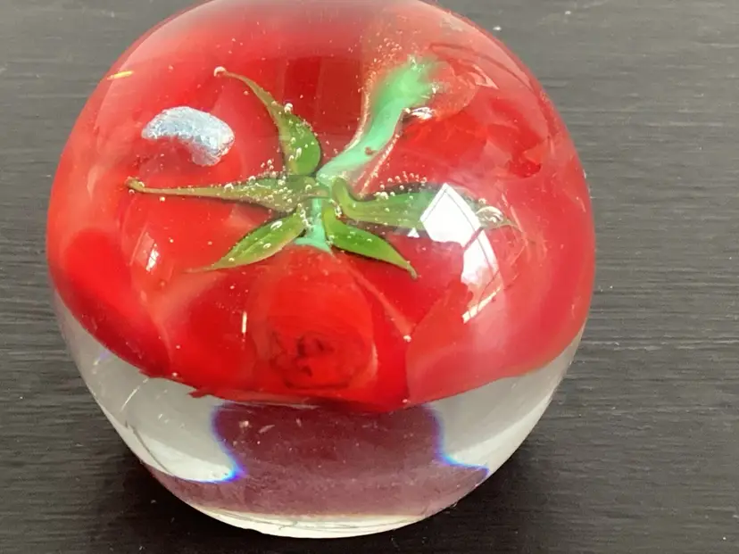 3413-Vintage Signed, Small Paperweight With Rosebuds, Approx 1.5 X 1.75“