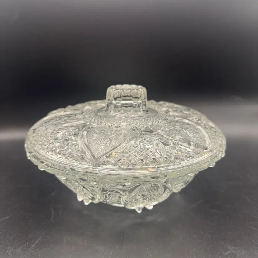 Vintage Clear Hearts And Roses Pressed Glass Covered Candy Dish