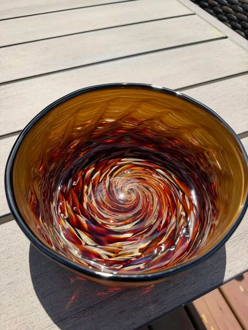 Gorgeous Hand- Blown Art Glass Bowl featuring Browns & Cream Color Swirl Pattern.  Signed on Bottom