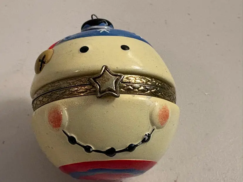 Snowman Ornament Porcelain Trinket Box Star Clasp & Gold Loop