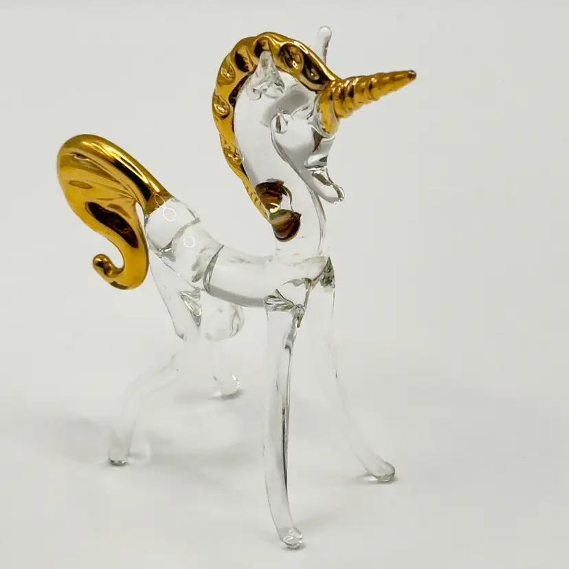 Vintage Unicorn Handblown Glass Figurine, Gold Accents, Whimsical Decor, Unbranded