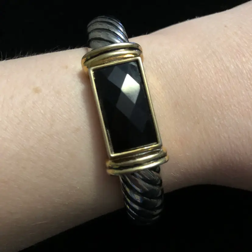 Silver-Tone & Gold-Tone Black Rhinestone Bangle Bracelet