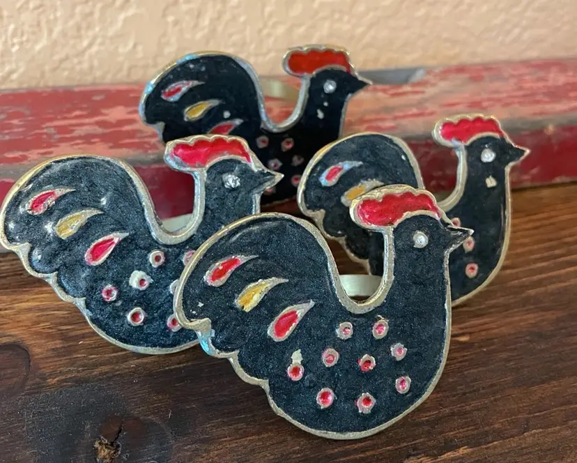 Vintage Brass & Enamel Handpainted Rooster Napkin Rings Set of 4
