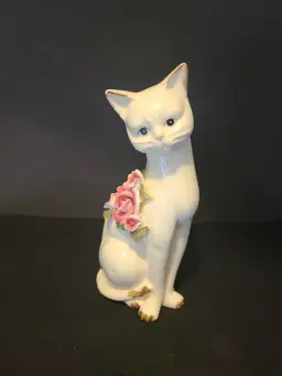 8.5" Vintage White Porcelain Kitty Cat Figurine with Pink Applied Roses Green Leaves and Gold Trim