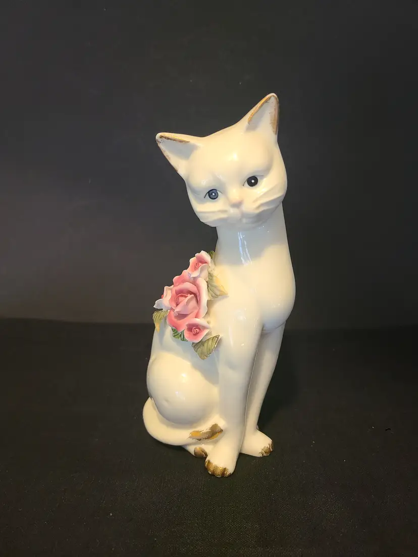 8.5" Vintage White Porcelain Kitty Cat Figurine with Pink Applied Roses Green Leaves and Gold Trim
