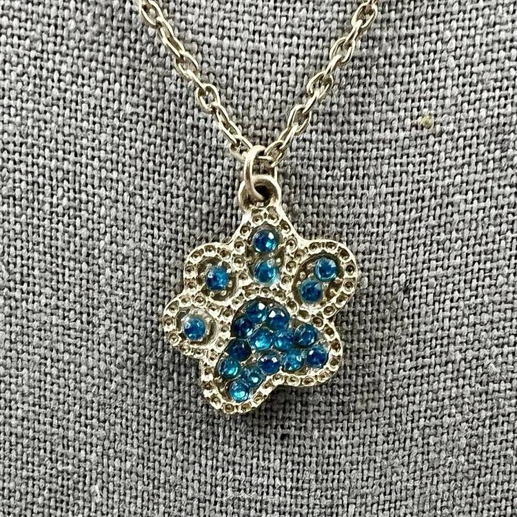 Paw Pendant Necklace Blue Rhinestones Jewelry Pet Dog 16" Chain Silver Tone