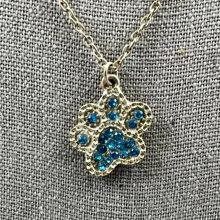 Paw Pendant Necklace Blue Rhinestones Jewelry Pet Dog 16" Chain Silver Tone