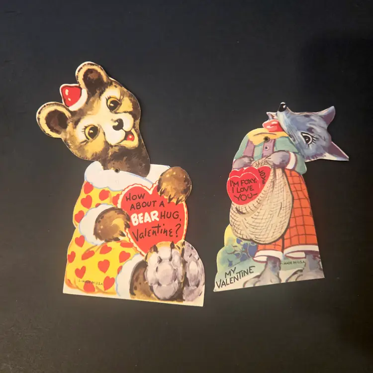 Two USED Mechanical anthropomorphic VTG 1950-60's Valentines Bear & Wolf  bjkfinn