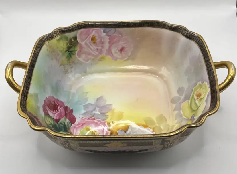 Antique 1850’s - 1920’s Nippon Exceptional Bowl, Hand-Painted Floral Porcelain with Gold Trimmings Handles, By Nippon, Made in Japan