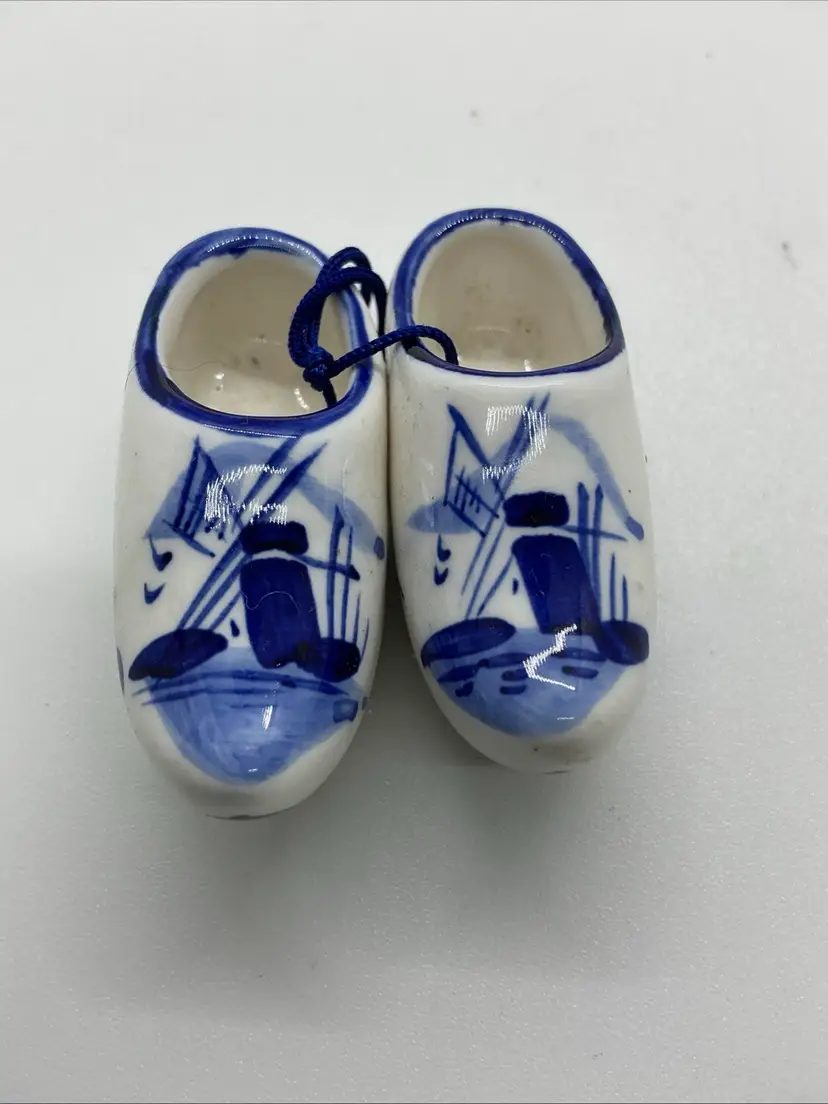 Vintage Dutch Ceramic Miniature Blue & White Clogs Netherlands