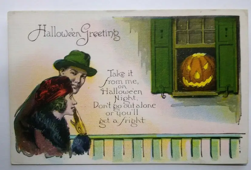 Halloween Postcard Pumpkin Head In Window NYCE Series 363 Salesman Sample Unused