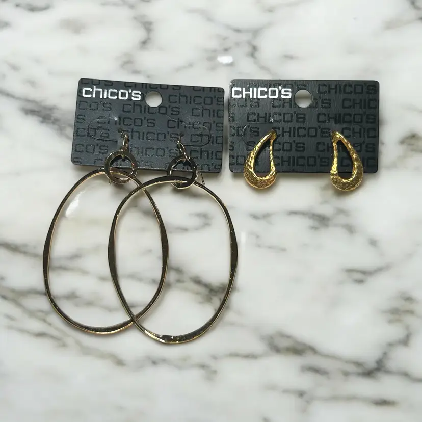2 Pairs Of Chico's Gold Tone Earrings Dangle & Hoops New