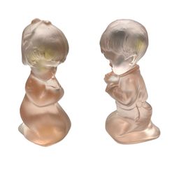 34. Fenton Pink Iridescent Glass Kneeling / Praying Boy & Girl Figures Vintage