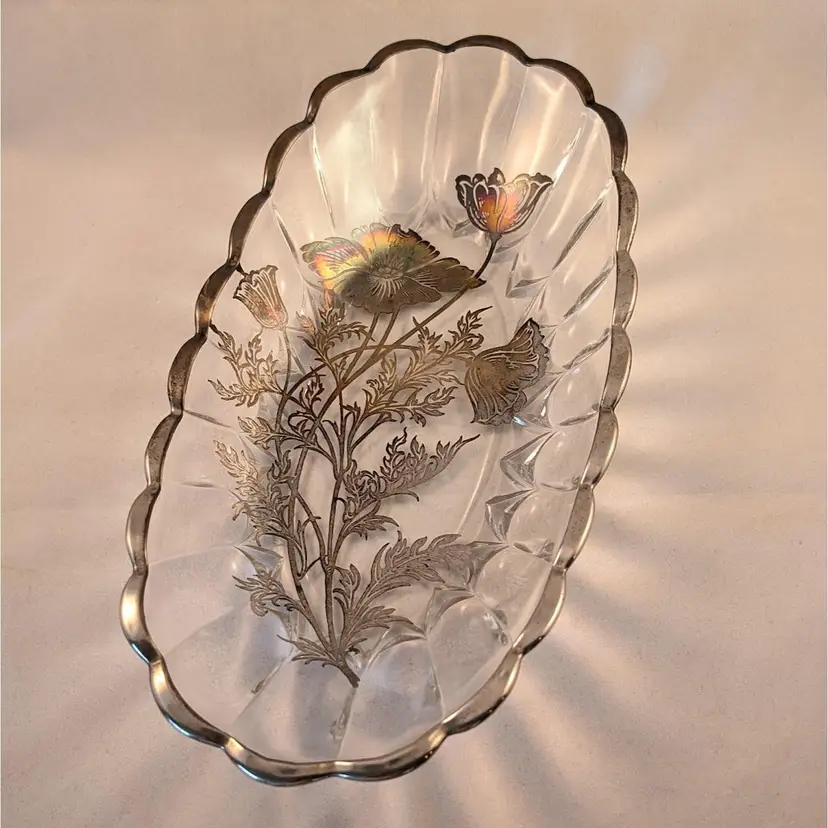 Vintage Silver City Flanders Poppies Oval Bowl Silver Overlay Scalloped