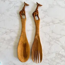 Hand Carved Wood Giraffe Salad Serving Spoon & Fork Set