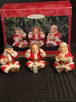 Vintage hallmark 1999 Three Stooges Christmas Ornaments With Box Moe Larry Curly