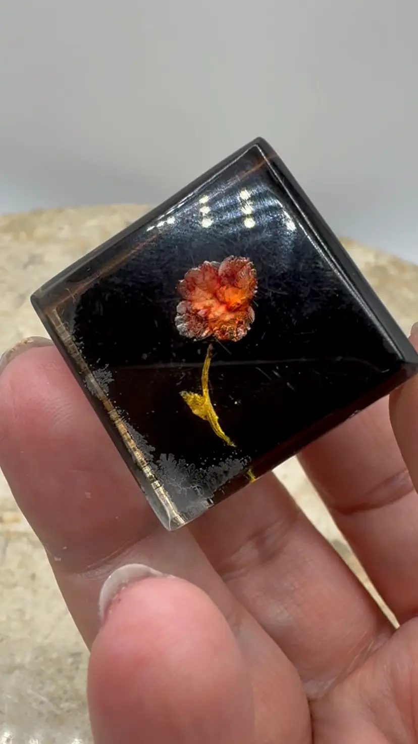 Vintage Flower In A Lucite 3D Block Brooch