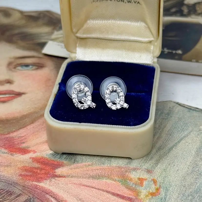 Sterling Silver White Sapphire “Q” Stud Earrings