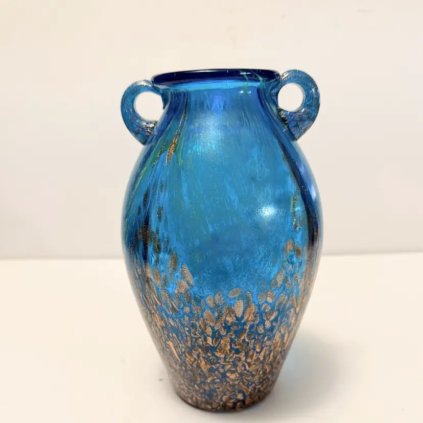 Dale Tiffany Art Glass Amphora Vase Teal Blue w Copper Aventurine