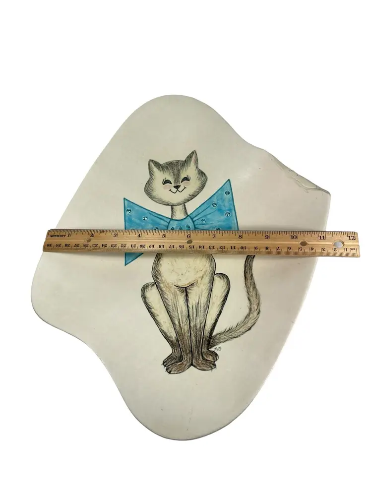 Cat With Blue Bow Ceramic Platter Wall Hanging Signed Kay 1959