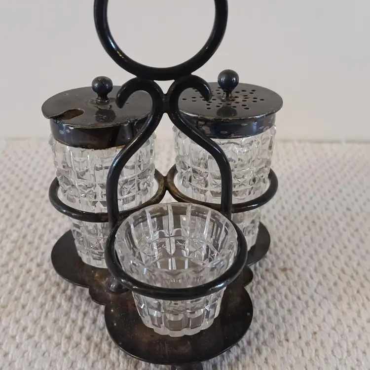 Antique Mappin & Webb Crystal Salt, Pepper & Sugar Caddy