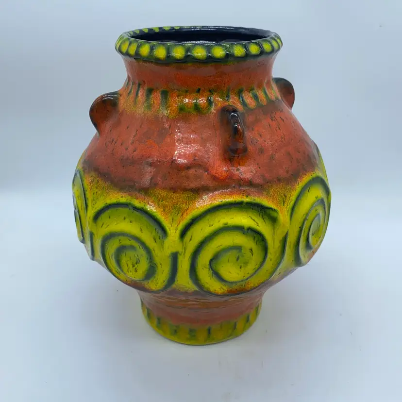 #2230 Vintage West German Jasba ceramic vase with orange-red and yellow-green glaze.