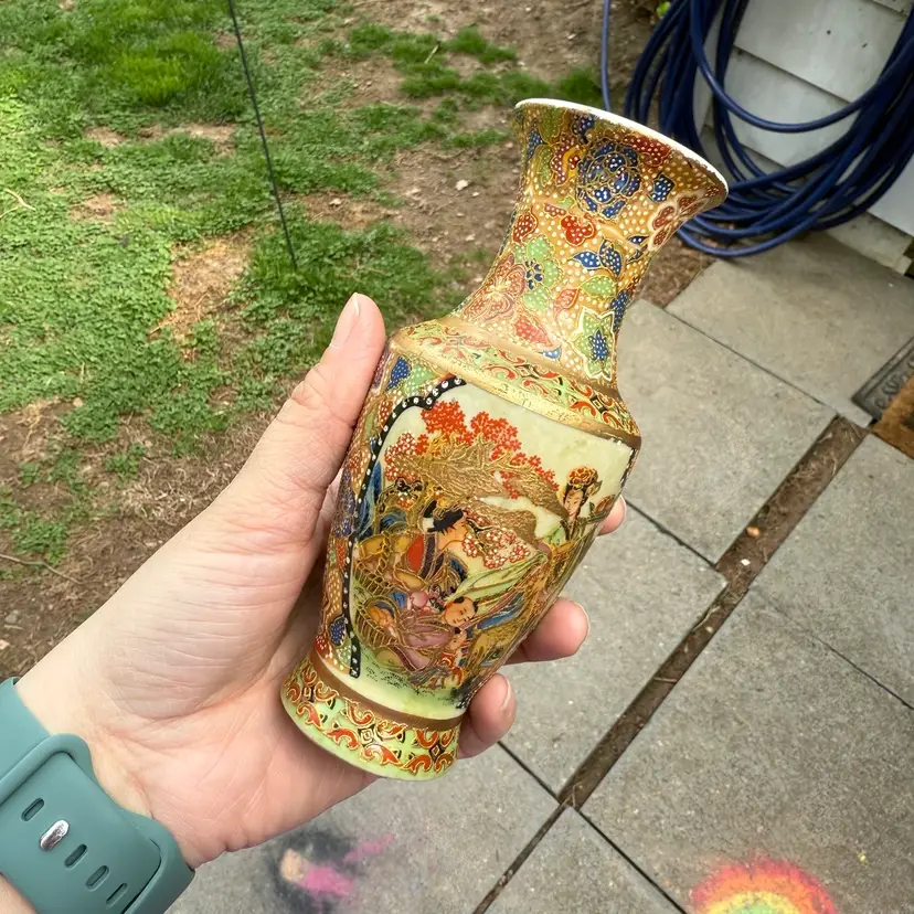 Vintage Cloisonné Like Chinese Hand Painted Enameled Gold Bud Vase Flower
