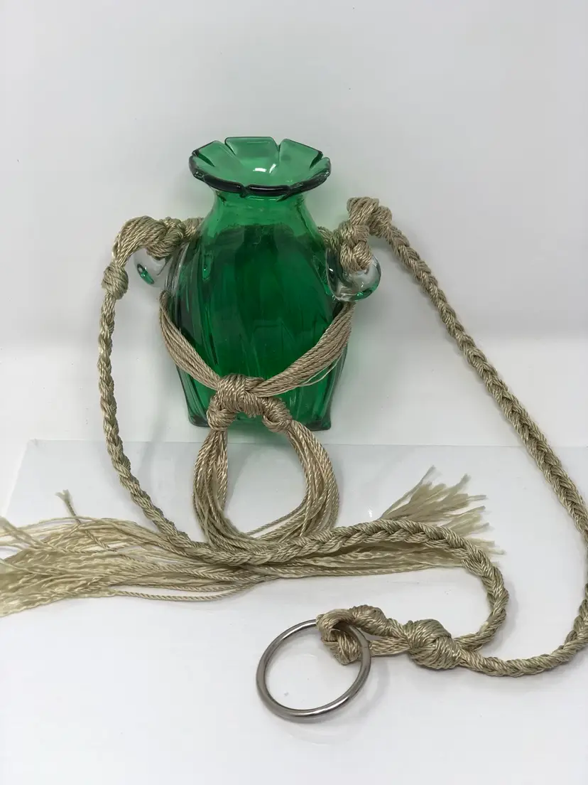 Michael Mikula Blown Glass Hanging Vase Signed with Handmade Macrame Hanger