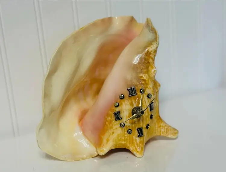 Vintage Nautical Conch Shell With Functional Metal Clock Face UNIQUE Rare Decor