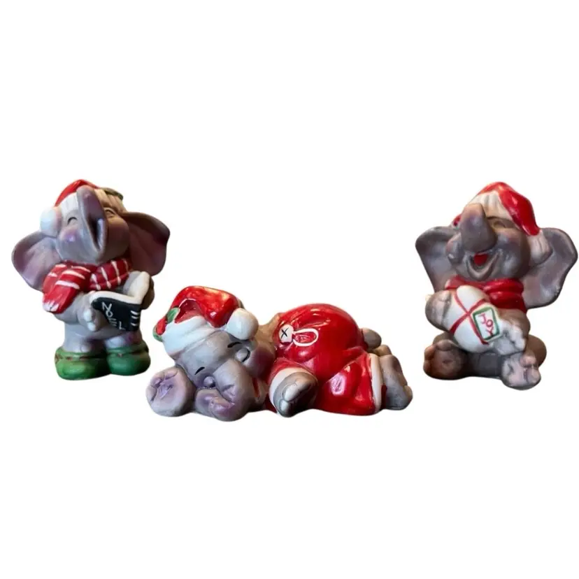 Elephants in Santa Hats Figurines VTG Christmas Set of 3 Kitsch Kitschy