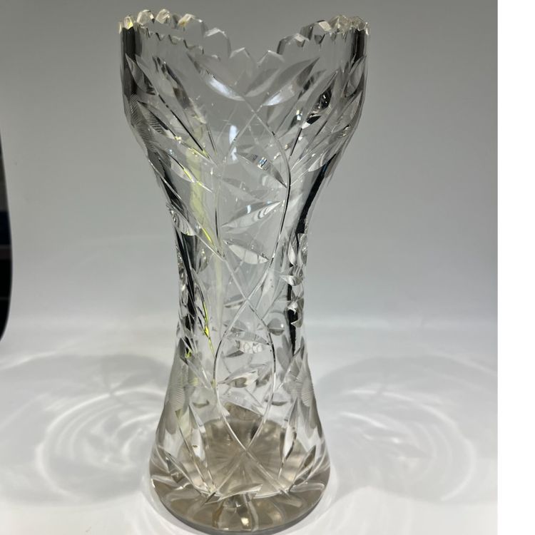 Vase- Corset- American Brilliant Cut Glass- Sawtooth Rim- Antique- Possibly Johnson- Carlson- 8”