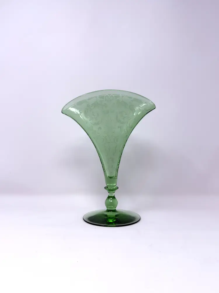 Green Etched Glass Fan Vase – Fostoria Versailles Uranium Glass – 9 Inch (0314-25)