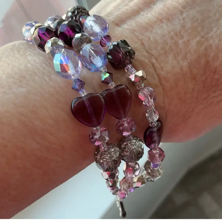 3-Strand Purple Swarovski Crystal Bead Bracelet with Toggle Artisan Made 7.25”