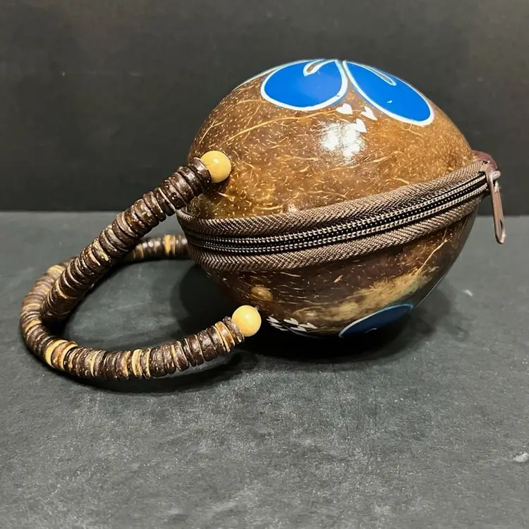 Coconut Shell Purse with Hand Painted Blue Hibiscus Flower ~4.75” x 4.5” x 3.75” (8” w/ handle)